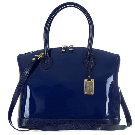 navy patent leather handbag.